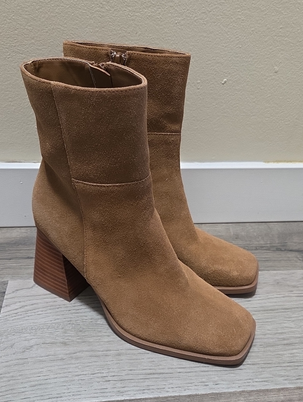 Crown Vintage Tan Suede Square Toe Block Heel Ankle Boots